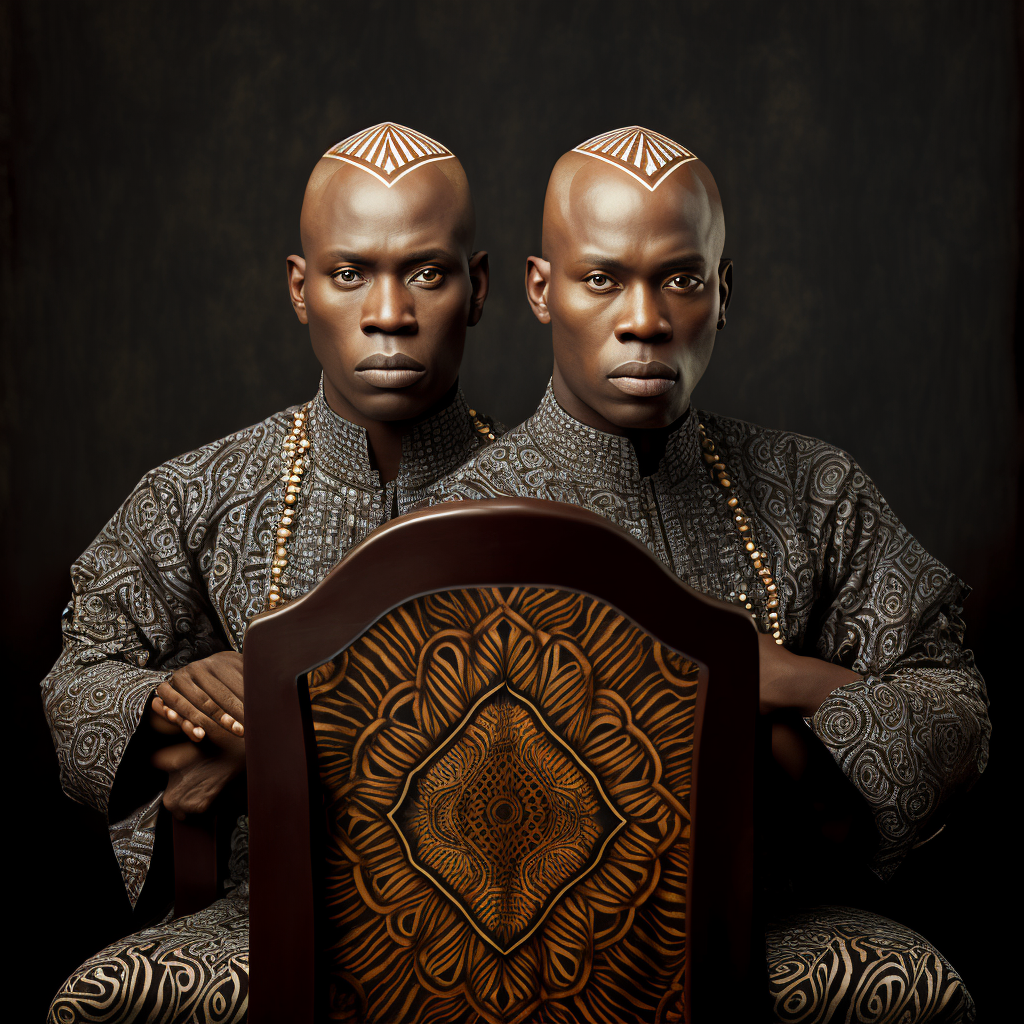 This piece is called Ibeji, and it features African twins sitting on a chair with tribal markings, it is AI generated.
