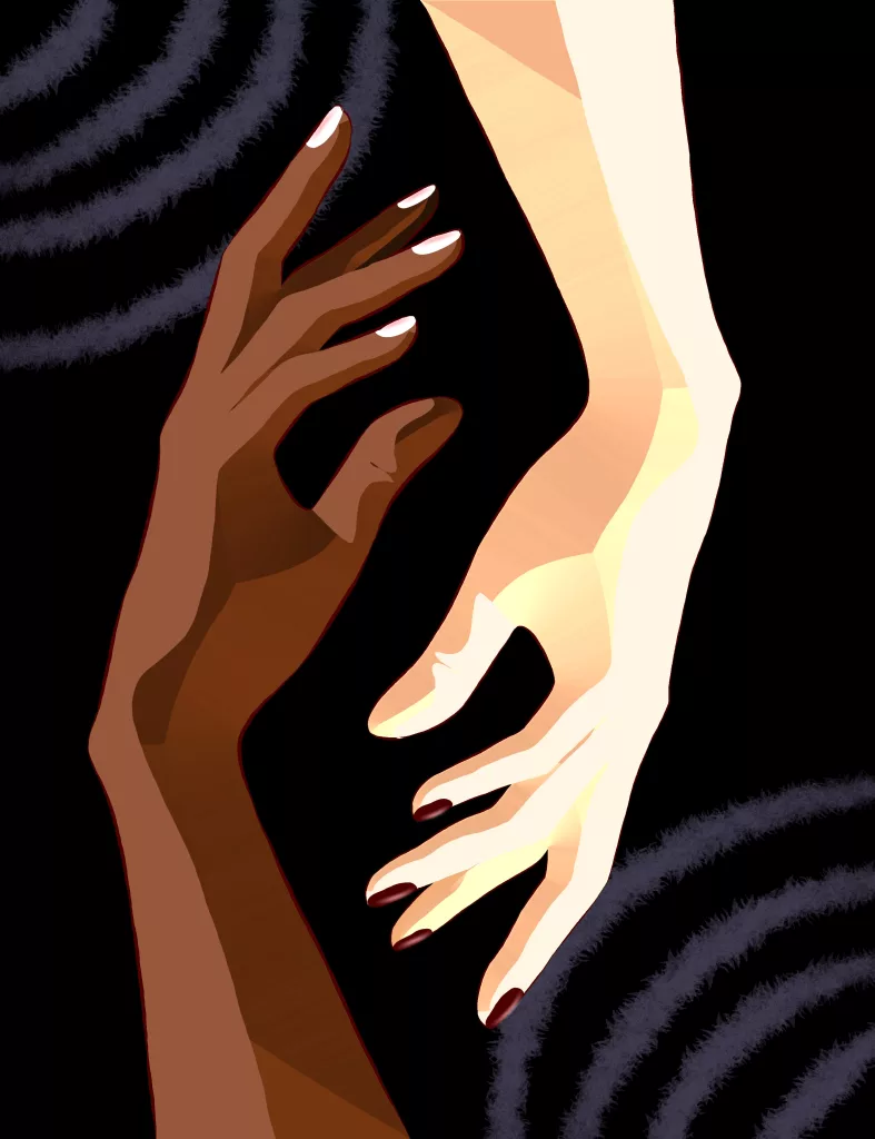 A digital painting of hands from a black and white person